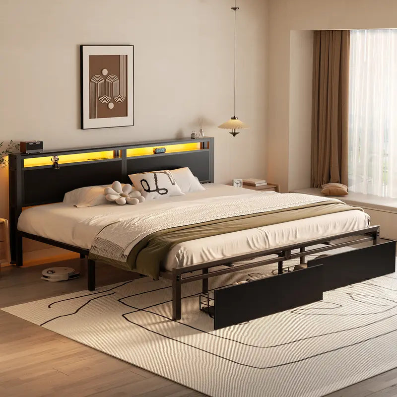 Luxurious King Size Bed Frame with Storage, Headboard and LED Lights, Noise-Free - Black Color