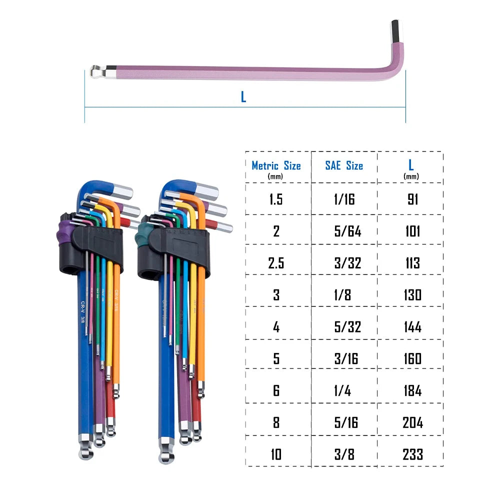 "9-Piece Extra Long Ball End Hex Key Set with T-Handle and Colour Coding"