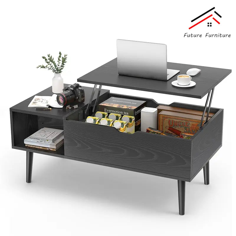 "Modern Lift-Top Coffee Table with Hidden Compartment and Adjustable Storage Shelf"