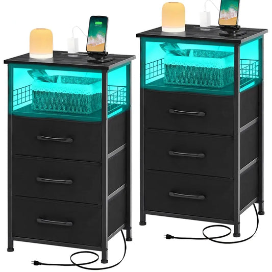 "LAKEMID LED Nightstand Set of 2 with USB Charging Ports, Skinny Dresser and Storage Drawers for Living Room - Space Saving End Table and Tower Organizer"