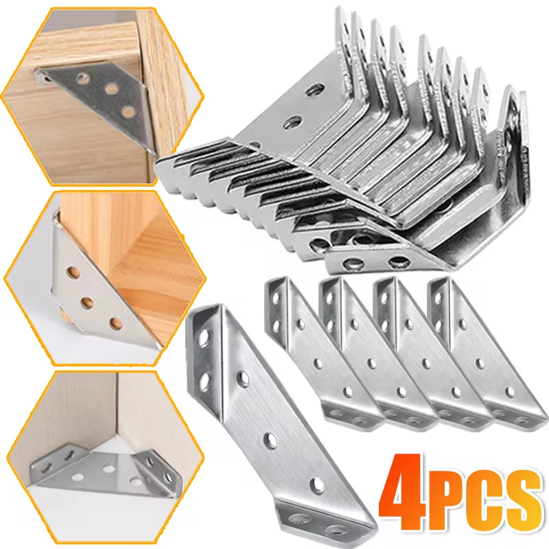 "Stainless Steel Heavy Duty Angle Brackets - Set of 4 for Furniture, Drawers, and Shelves"