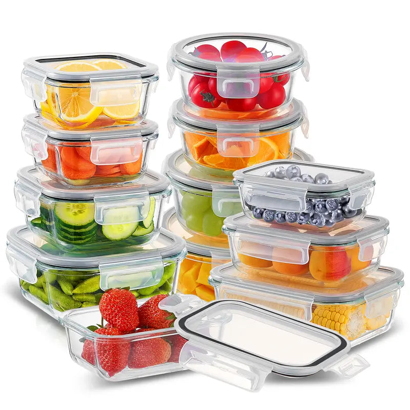 "Set of 12 Glass Food Storage Containers with Leak-Proof Lids - Oven, Microwave, and Dishwasher Safe"