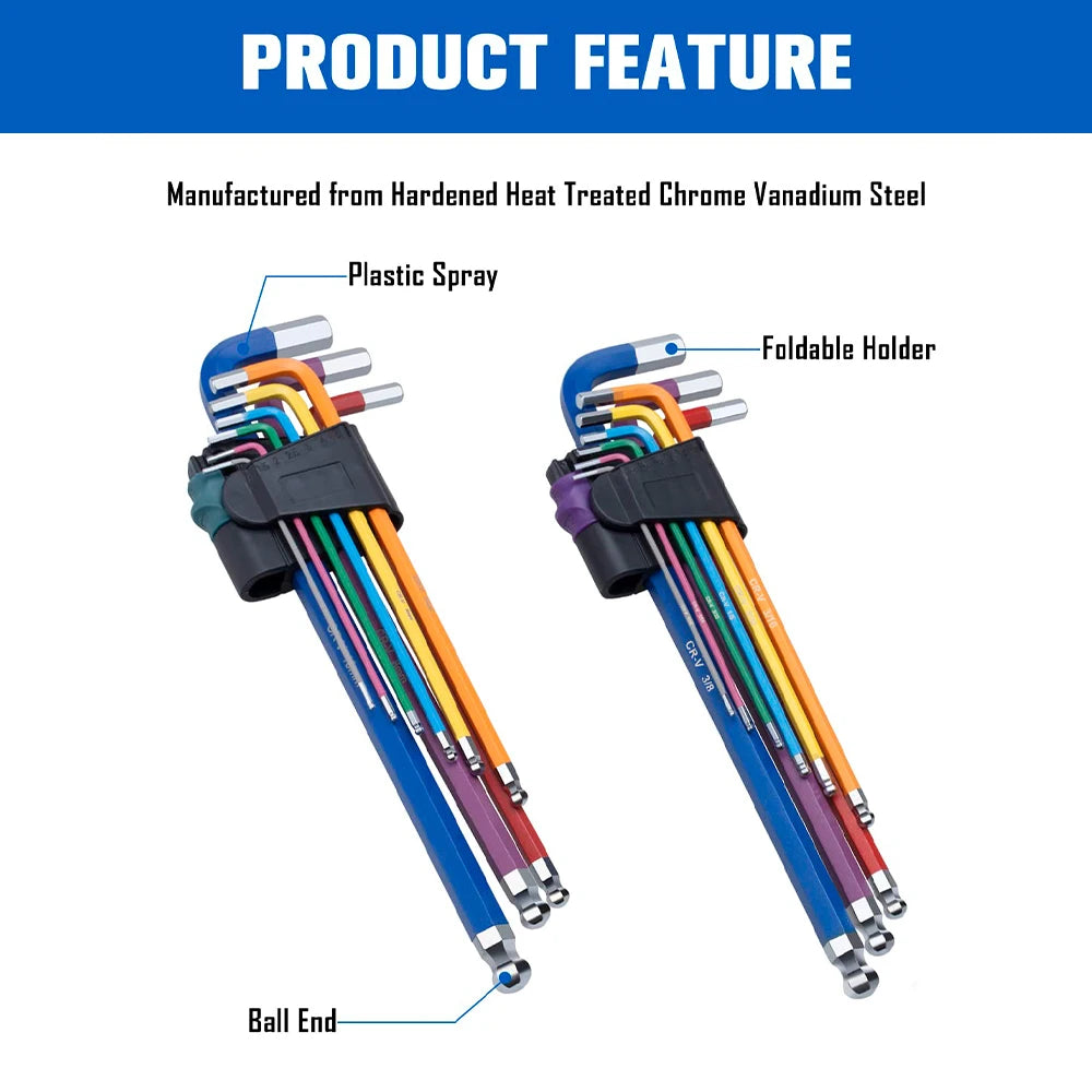 "9-Piece Extra Long Ball End Hex Key Set with T-Handle and Colour Coding"