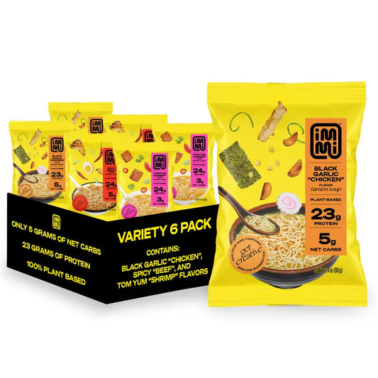 Variety Pack Ramen with Black Garlic "Chicken", Tom Yum "Shrimp", Spicy "Beef" - 100% Plant Based, Keto Friendly, High Protein, Low Carb - Packaged Noodle Meal Kit - Ready to Eat - 6 Pack