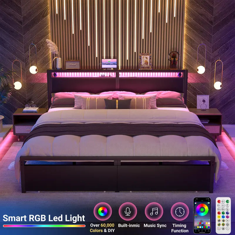 Luxurious King Size Bed Frame with Storage, Headboard and LED Lights, Noise-Free - Black Color