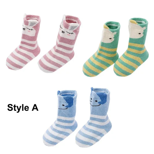 3 Pairs Baby Socks 1-3Years Cute 3D Cartoon Anti-Slip Socks Animal Cute Pattern Lion Fox Bear Elephant Hippo Colorful Stripe S/M