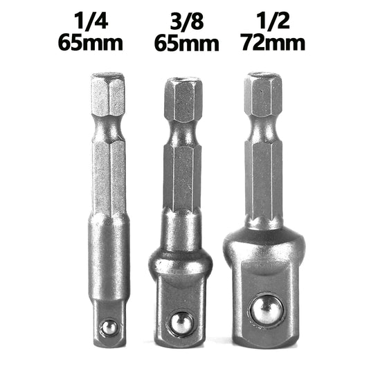 3Pcs/Set Chrome Vanadium Steel Socket Adapter Hex Shank to 1/4" 3/8" 1/2" Extension Drill Bits Bar Hex Bit Set Power Tools