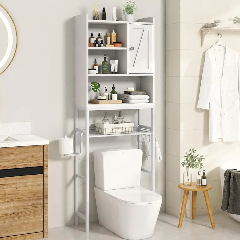 Rustic White Bathroom Storage Cabinet with Adjustable Shelf and Paper Hook