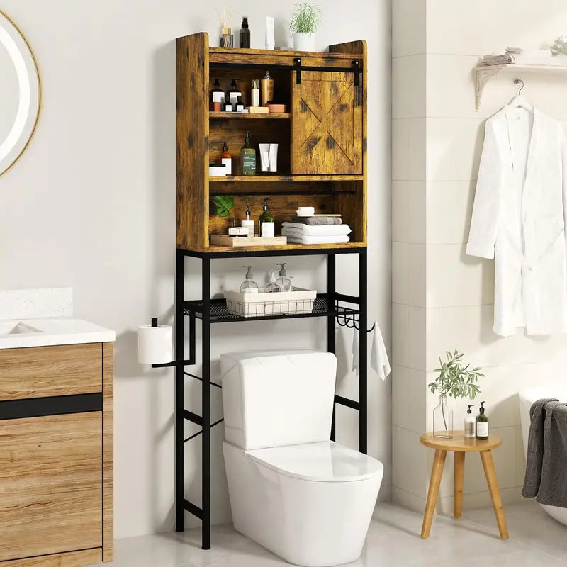 Rustic White Bathroom Storage Cabinet with Adjustable Shelf and Paper Hook