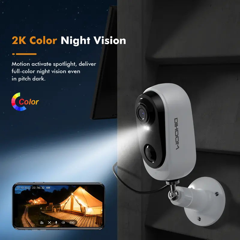 Wireless Solar Powered Indoor/Outdoor Security Camera with Color Night Vision and AI Detection