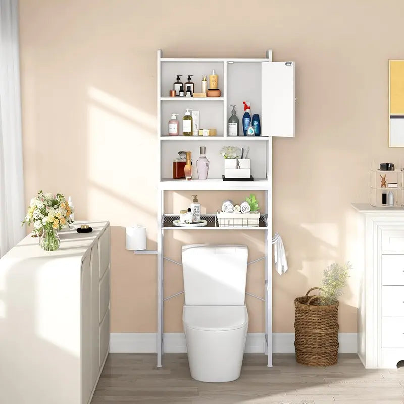 Rustic White Bathroom Storage Cabinet with Adjustable Shelf and Paper Hook