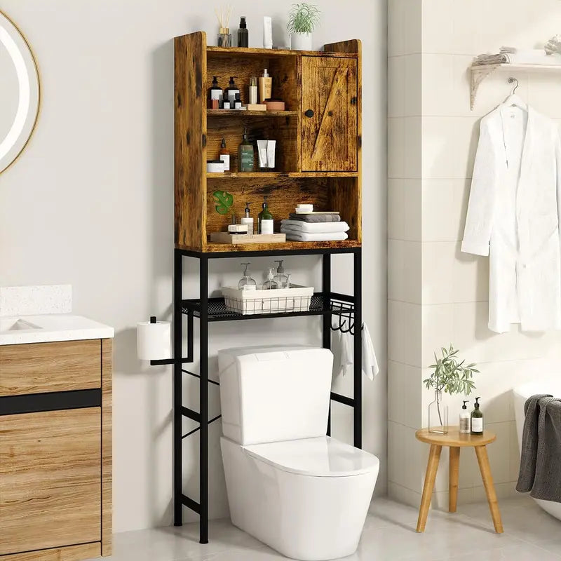 Rustic White Bathroom Storage Cabinet with Adjustable Shelf and Paper Hook