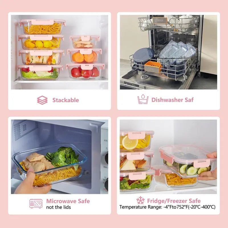 "Set of 12 Glass Food Storage Containers with Leak-Proof Lids - Oven, Microwave, and Dishwasher Safe"