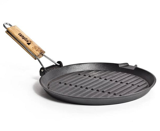 Ribbed 27Cm round Cast Iron Grill Pan W/ Folding Handle Cookware Grey