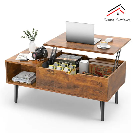 "Modern Lift-Top Coffee Table with Hidden Compartment and Adjustable Storage Shelf"