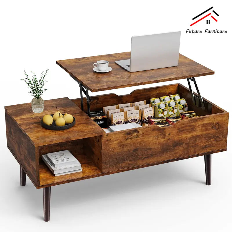 "Modern Lift-Top Coffee Table with Hidden Compartment and Adjustable Storage Shelf"