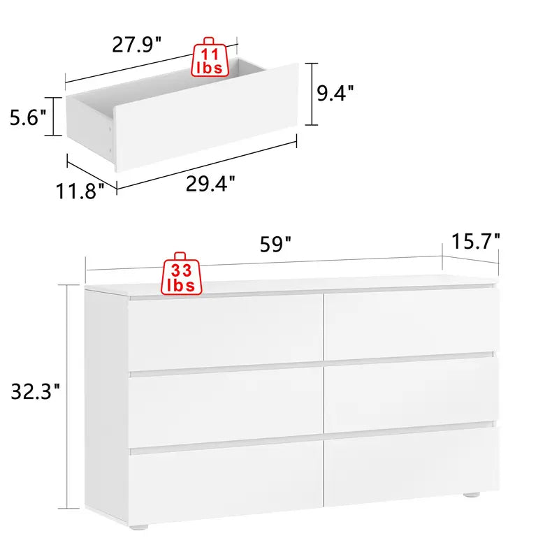 "Modern White 6-Drawer Chest with Wide Storage for Bedroom"