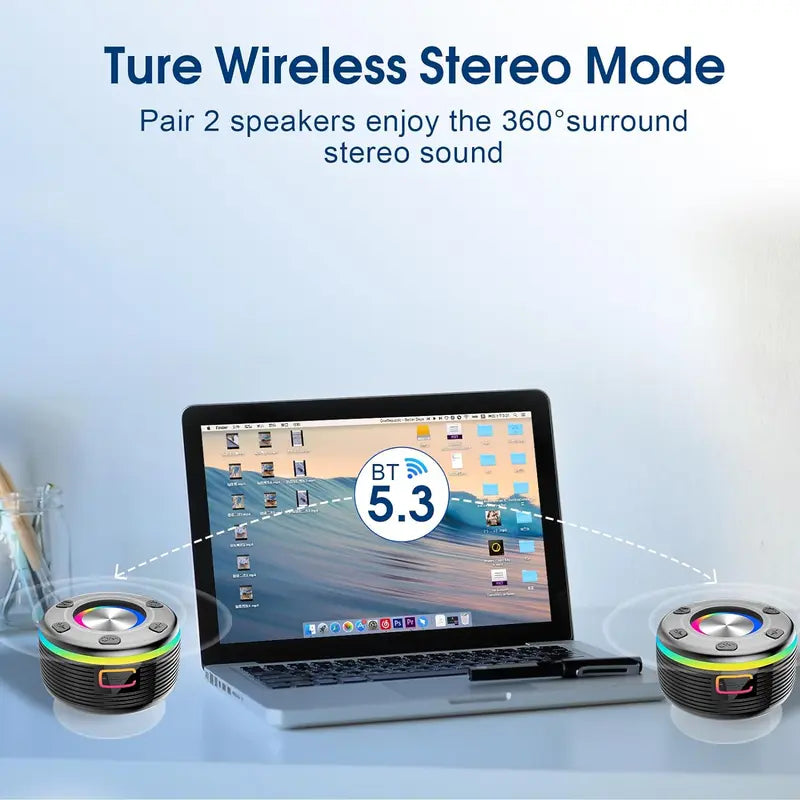 Portable Bluetooth Speaker with 360°HD Sound, Ipx7 Waterproof, Stereo Sound, 24H Playtime, Rgb Lights, Dual Pairing, Bluetooth 5.3, FM Radio - Ideal for Kayak, Beach, Travel, Party, Shower, Outdoor, Gifts