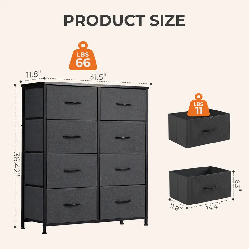 Tall Fabric Storage Tower Dresser with 8 Drawers - Stylish Organizer for Bedroom, Closet, Entryway