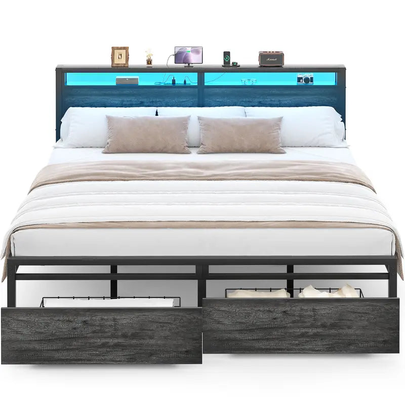 Luxurious King Size Bed Frame with Storage, Headboard and LED Lights, Noise-Free - Black Color