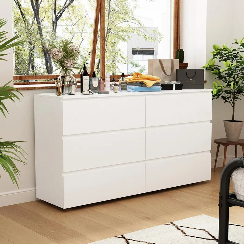 "Modern White 6-Drawer Chest with Wide Storage for Bedroom"