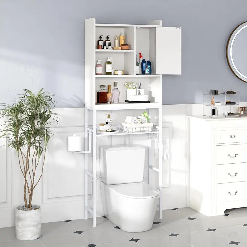 Rustic White Bathroom Storage Cabinet with Adjustable Shelf and Paper Hook