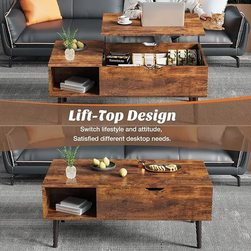 "Modern Lift-Top Coffee Table with Hidden Compartment and Adjustable Storage Shelf"