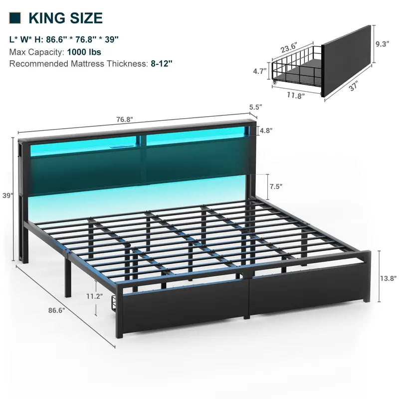 Luxurious King Size Bed Frame with Storage, Headboard and LED Lights, Noise-Free - Black Color