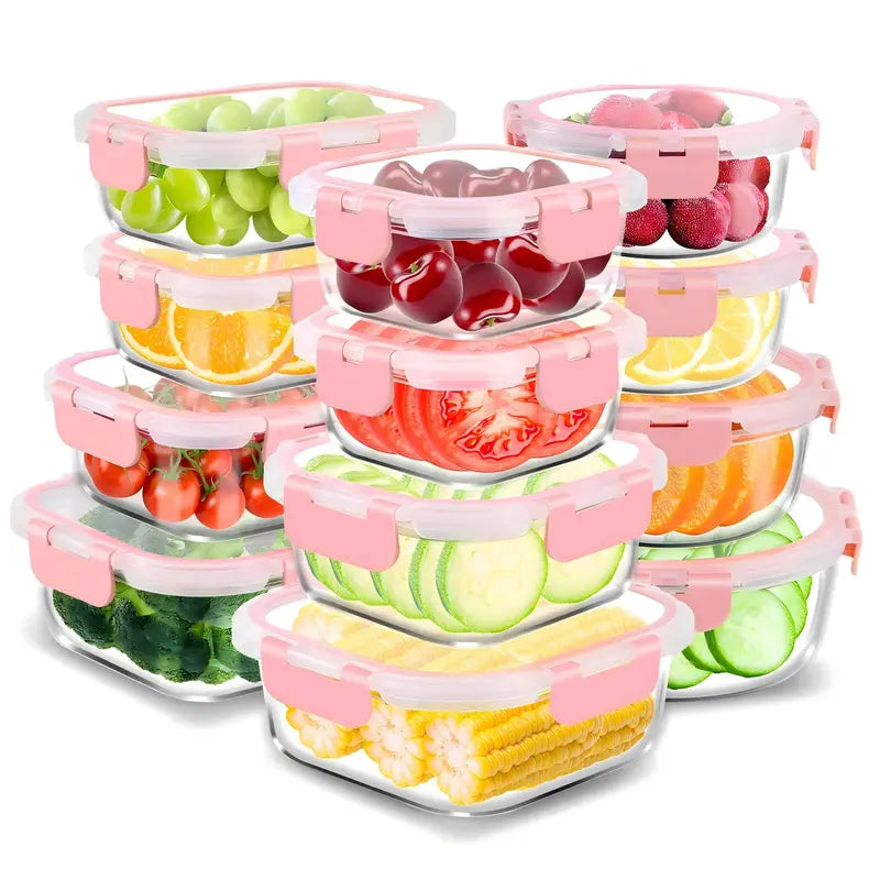 "Set of 12 Glass Food Storage Containers with Leak-Proof Lids - Oven, Microwave, and Dishwasher Safe"