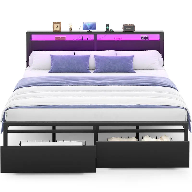 Luxurious King Size Bed Frame with Storage, Headboard and LED Lights, Noise-Free - Black Color