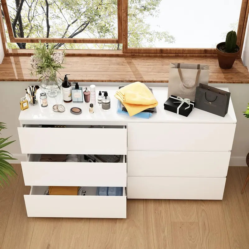 "Modern White 6-Drawer Chest with Wide Storage for Bedroom"