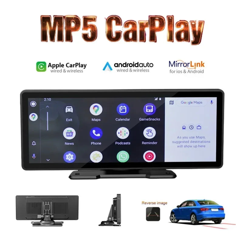 10.26 Inch Wireless Carplay/ Android-Auto Car Monitor with HD Screen, Camera, Bluetooth, FM Transmitter, USB TF Video Player