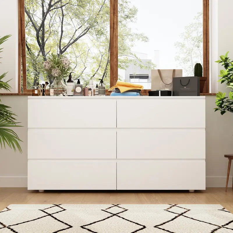 "Modern White 6-Drawer Chest with Wide Storage for Bedroom"