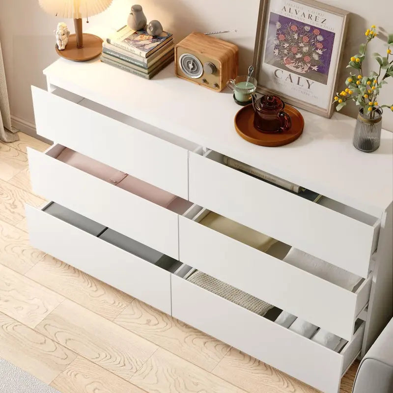 "Modern White 6-Drawer Chest with Wide Storage for Bedroom"